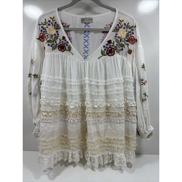 Fillyboo Boho Mini Dress Blouse Size Small Floral‎ Embroidered Lace Prairie - Picture 1 of 7